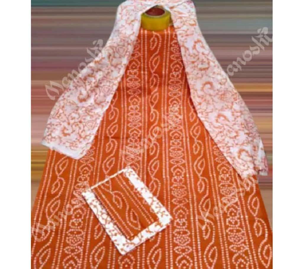 Unstitched Block Printed Three Piece for Women Orange Color