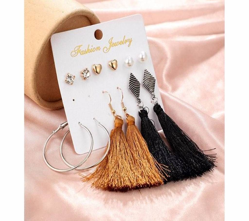 6 Pairs/Set  Circle Pearl Heart Long Tassel Earrings Set