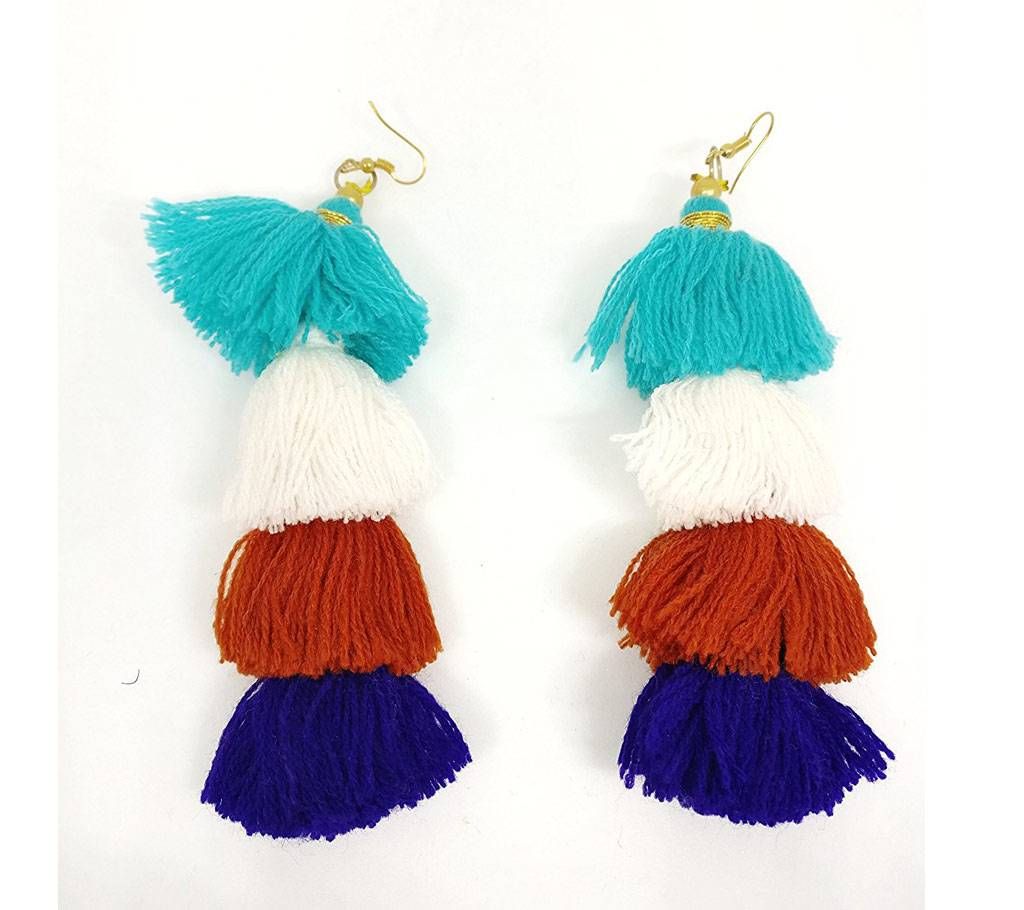 Zylph Lightweight Bohemian Handmade 4 Level Tricolored Cotton Tassel Fashion Earring (by Zylph - ZYETWWB)