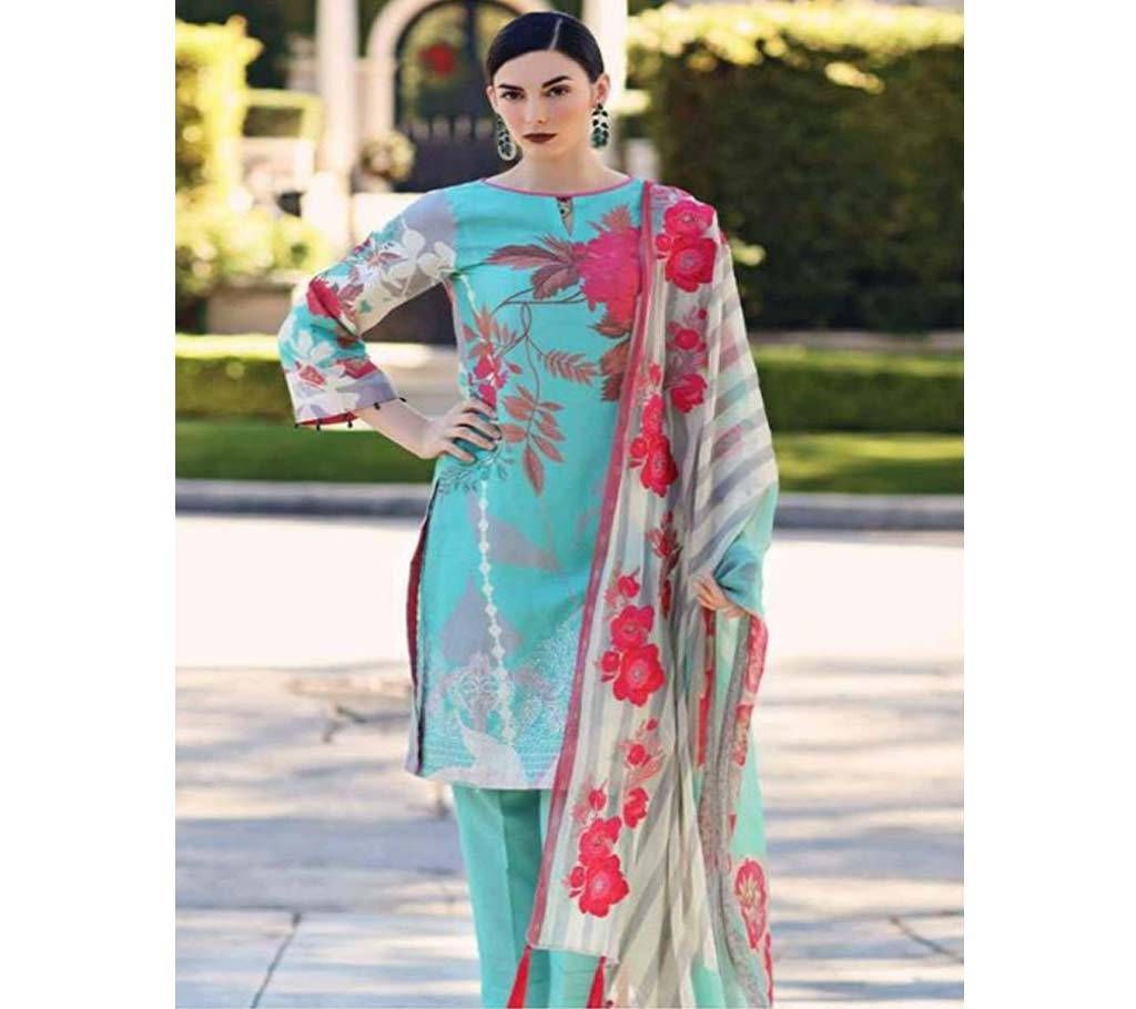 Unstitched Shraddha Zeenat Vol 1 Cotton Satin Aqua Blue with Big Flower Design 3pc