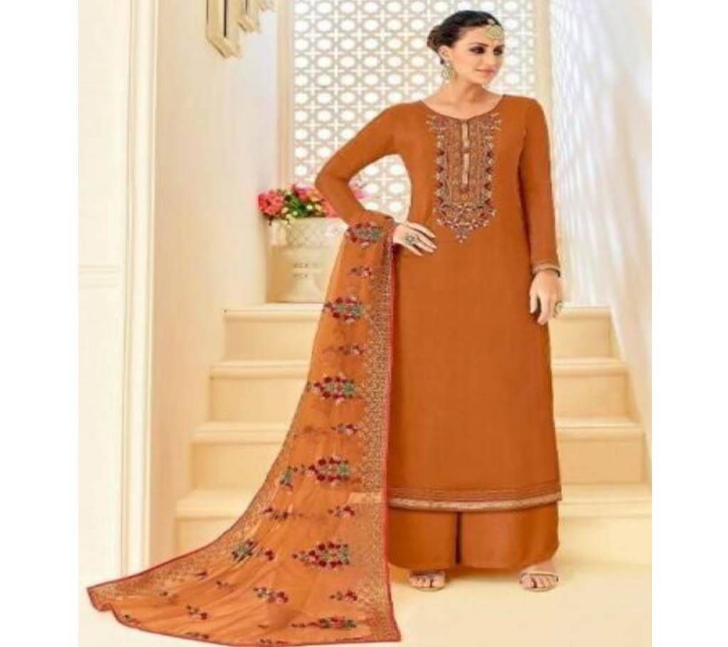 Unstitched Brown Color Indian Banaras Silk 4 pcs Embroidery work Salwar Kamez For Women - Copy