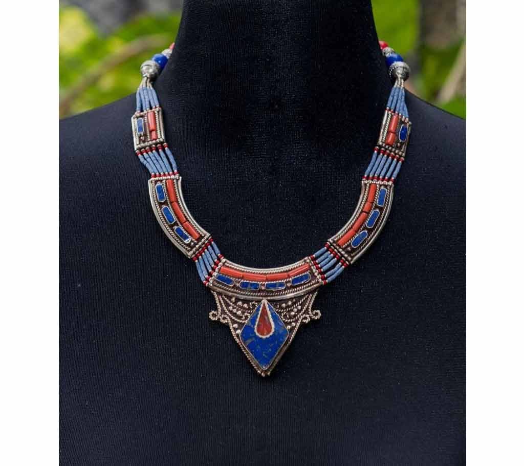 Gorgeous Blue & IndianRed Design Shape Chain Necklace