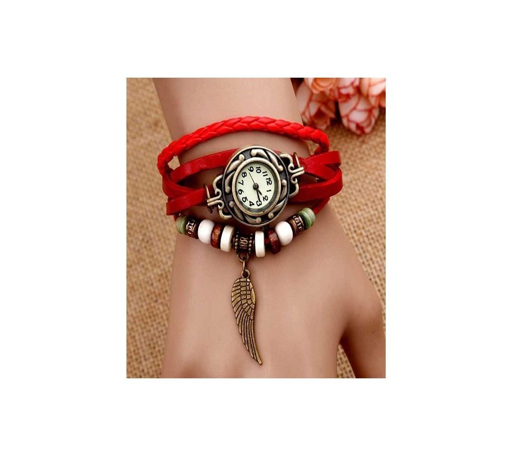 Vintage Manual Knitted Lady Leather Bracelet And Leaf Pendant Watch  Red  SKA