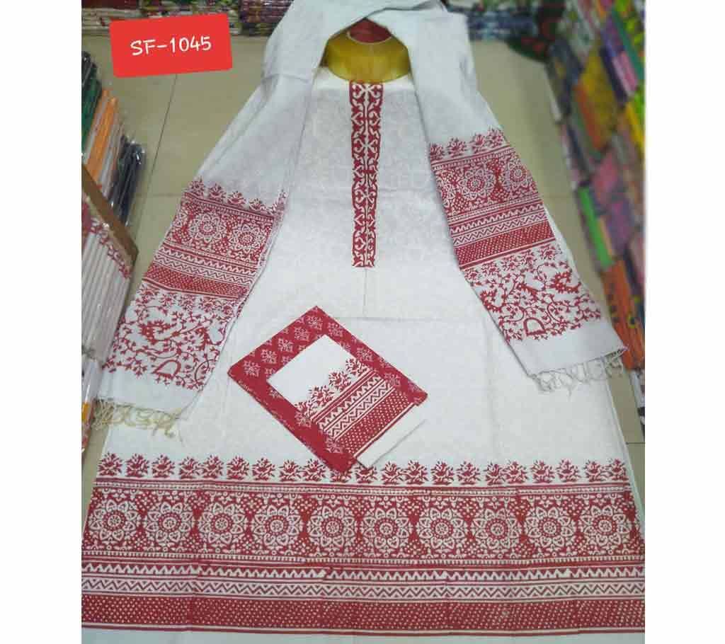 Block Printed Unstitched Cotton Three Piece Red White 