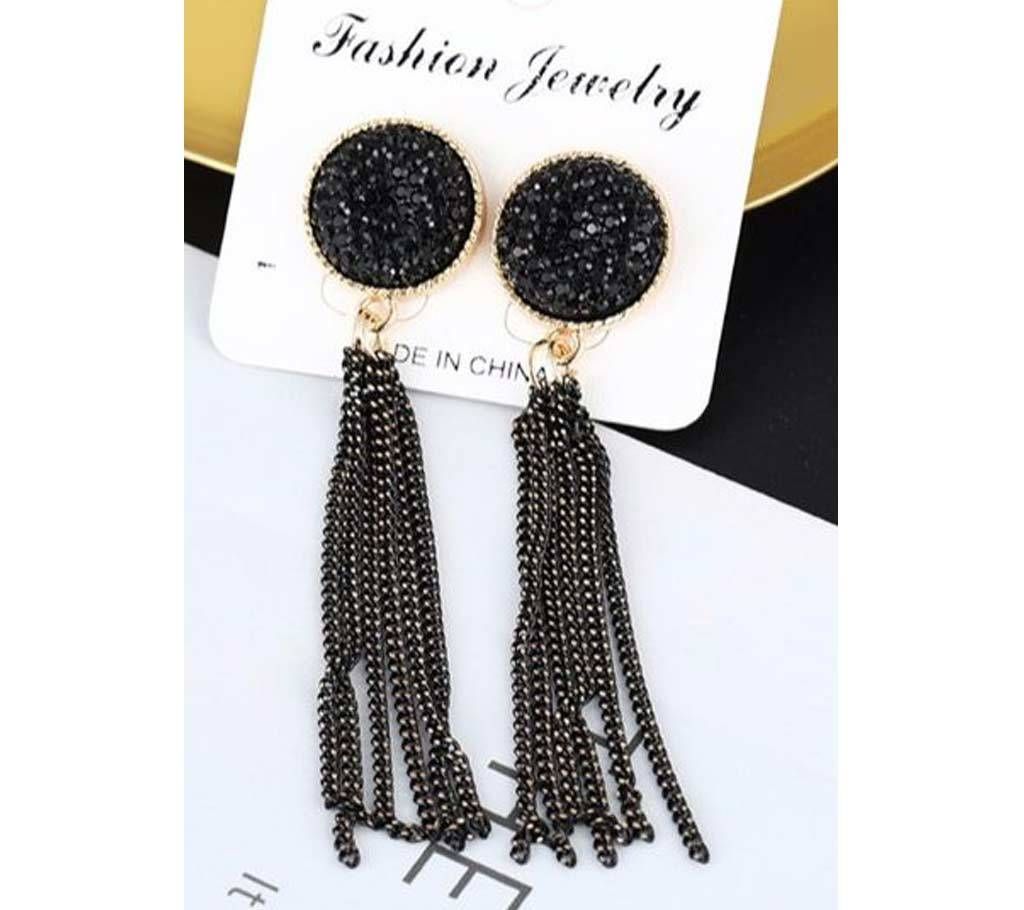 Long Tassel  Black Rhinestone Charm Earrings
