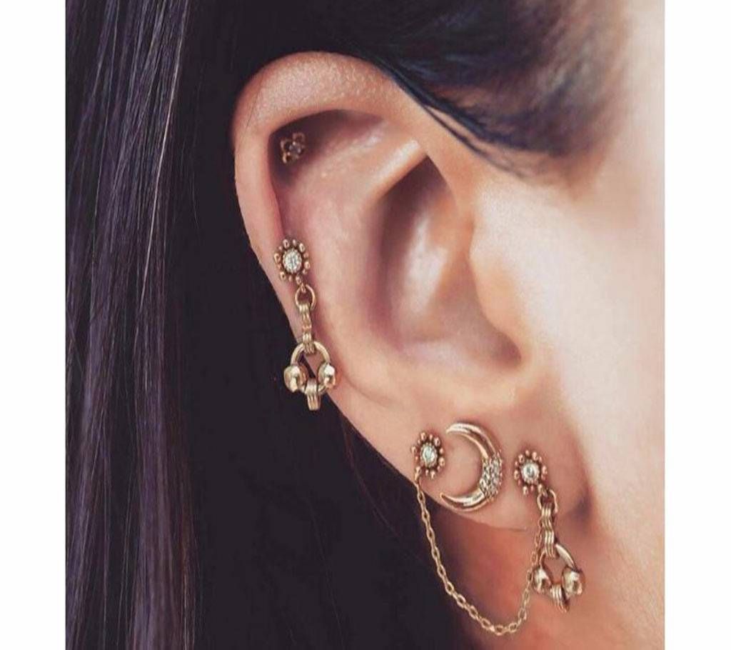 3 Pcs/ Set Exquisite Moon Flower Chain Crystal Earrings For Women