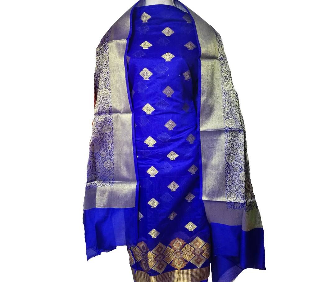 Nevy Blue Katan Banaras Unstitch Two Piece Dress For Women