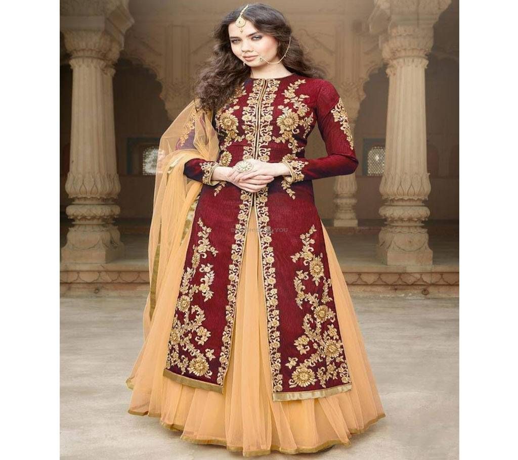 Maroon and Cream Unstitched Georgette salwar suit