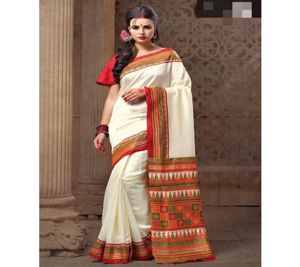 Kasturi Soft Silk Cream with Red with Multi Color Paar Saree