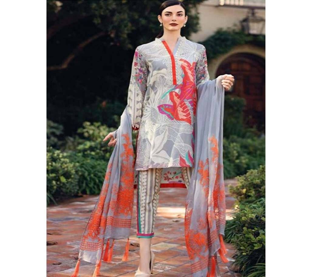 Unstitched Shraddha Zeenat Vol 1 Cotton Satin Ash with White Mix Design 3pc