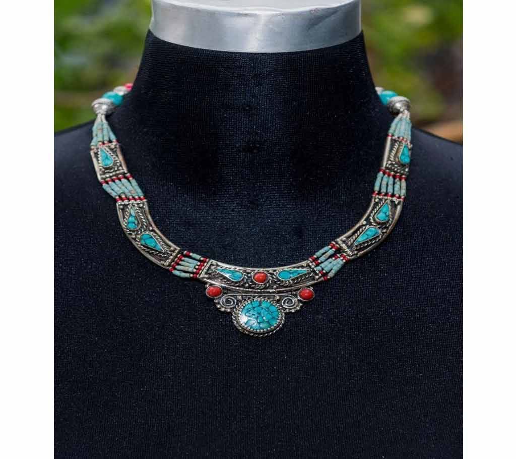 Silver Aquaamrine Red Design Shape Chain Necklace
