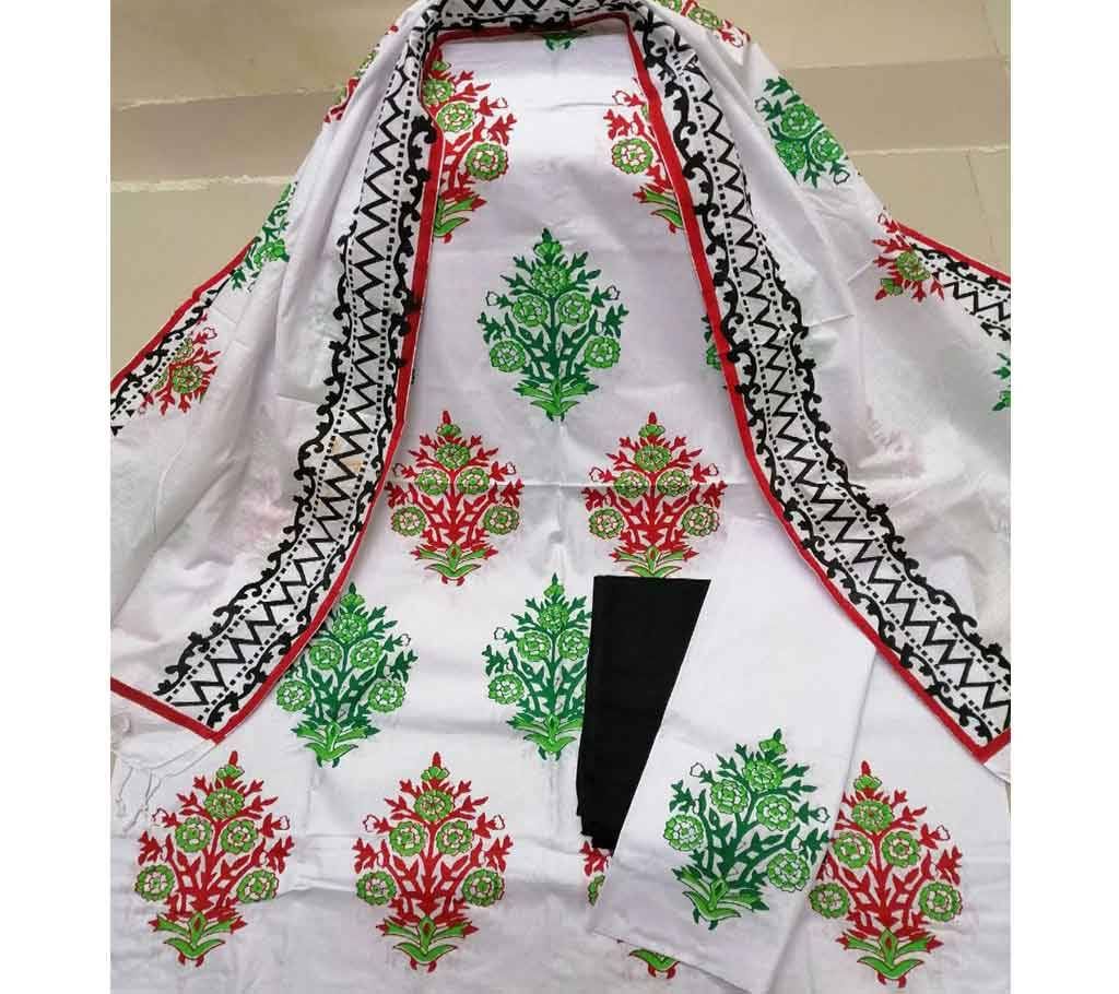 Un-Stitched Deshi Cotton Block Batick 3piece with Shuti Orna- 010