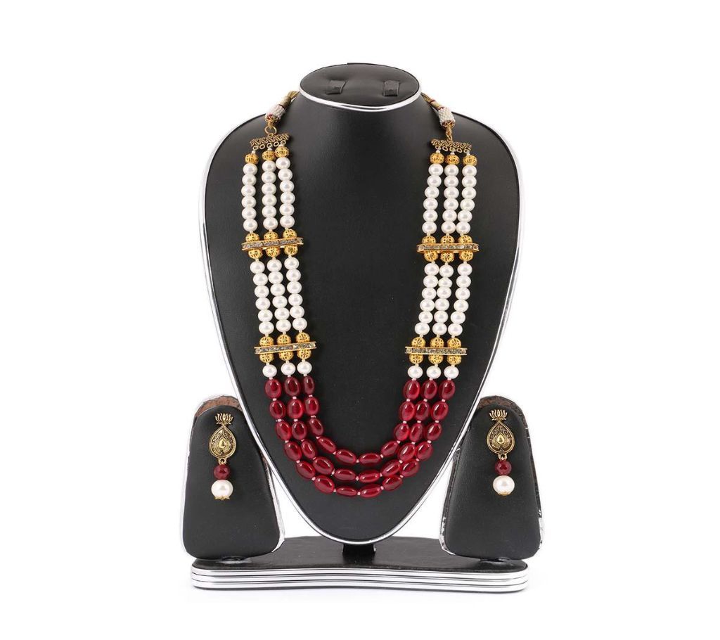 White & Red Real Pearls Setting Kashmiri Jewellery Set