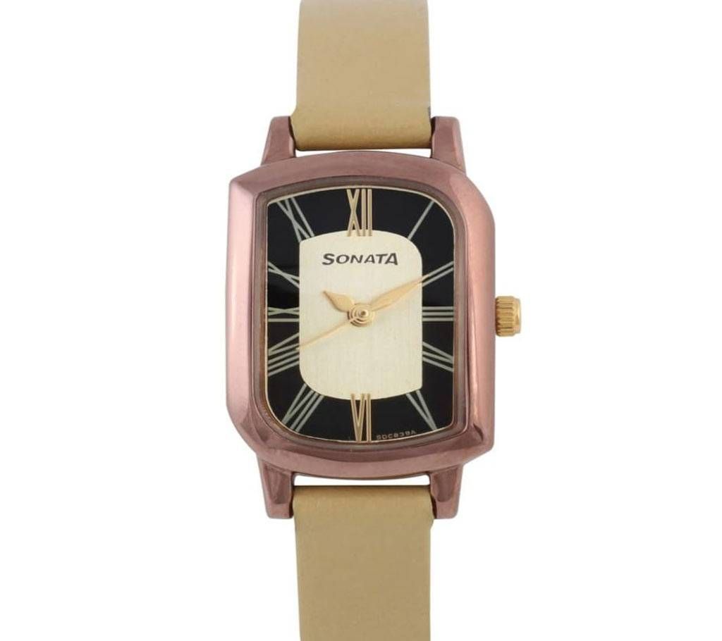 Sonata Pink Dial Beige Leather Strap Analog Watch for Women