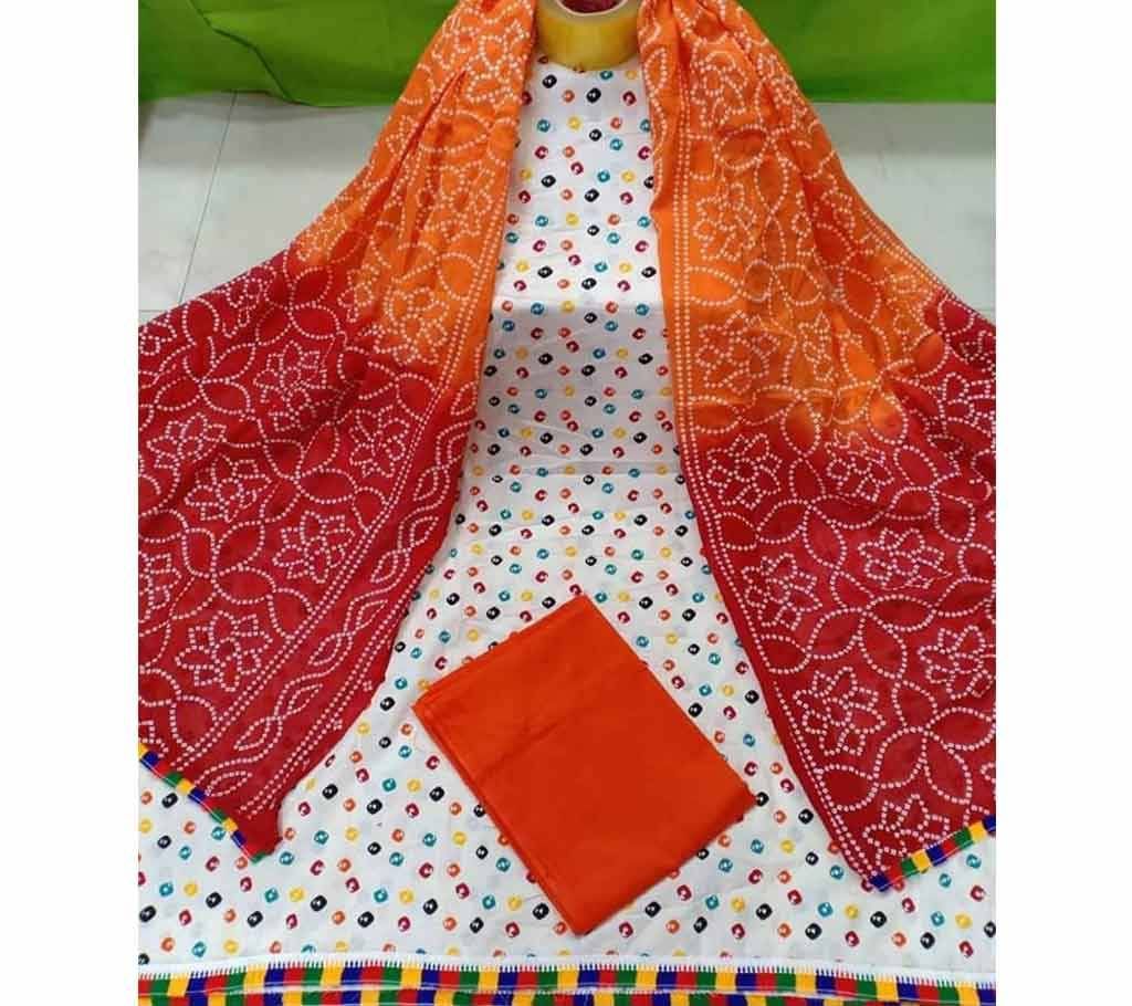 Unstitched Joypuri Cotton 3piece Red & Orange