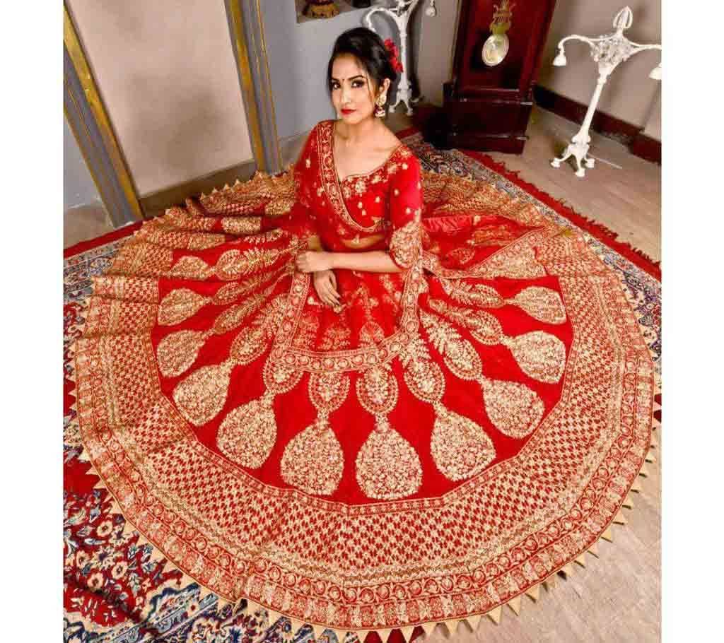 Red Velvet Zari Embroidered Wedding Wear Bridal Lehenga