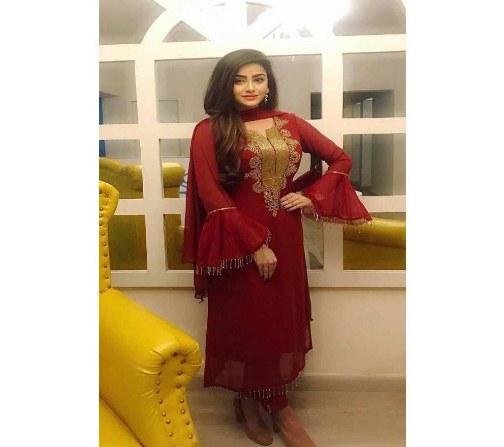 Un-stitched maroon georgette with buticks work salwar kameez