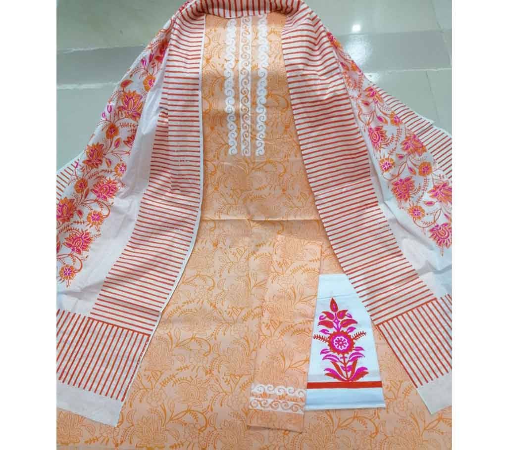Un-Stitched Deshi Cotton Block Batick 3piece with Shuti Orna- 016