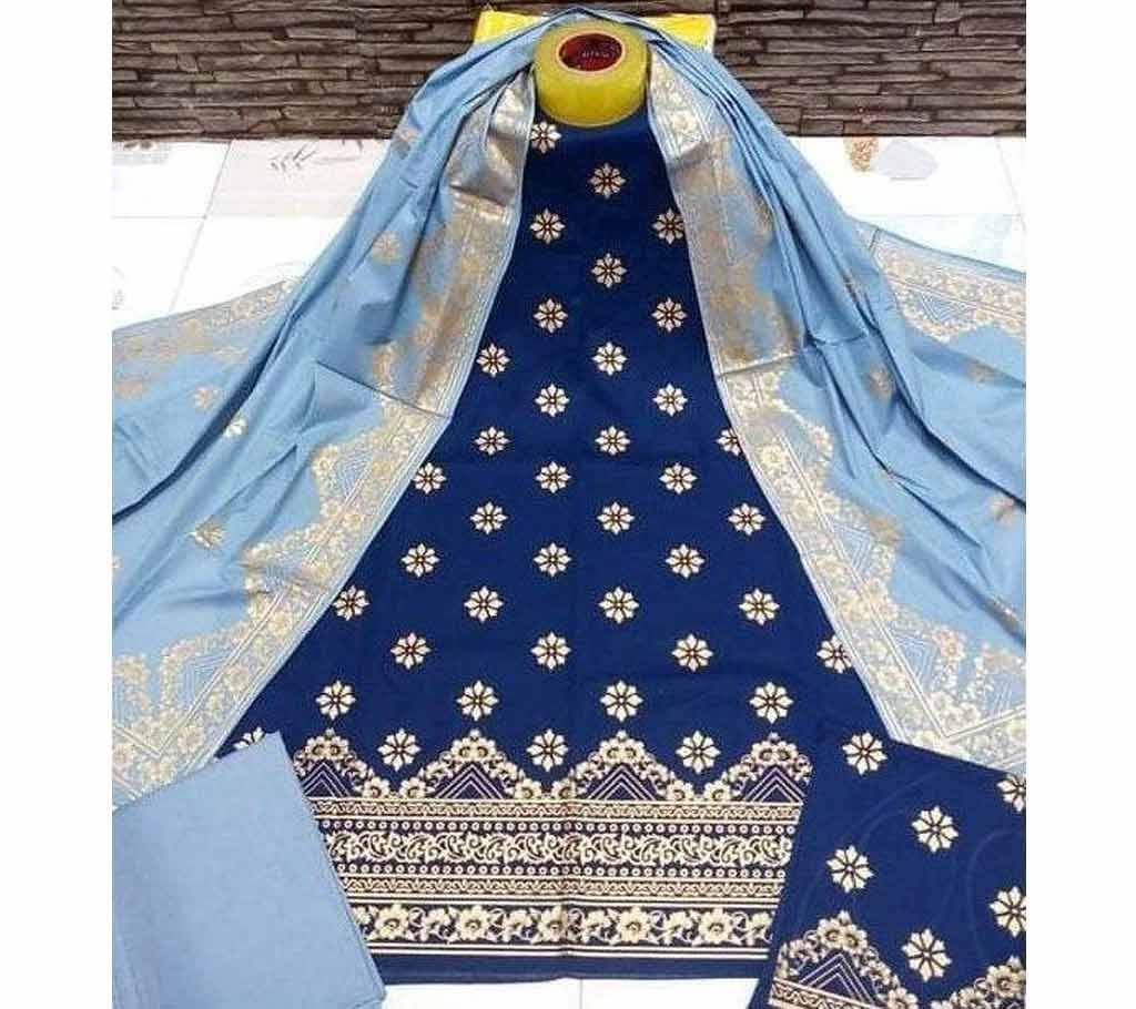 Unstitched Sky and Navy Blue Cotton Salwar Kameez for Women