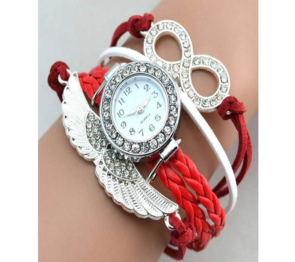 Crystal Leather Angel Wings Bangle Bracelet Wrist Watch-Red