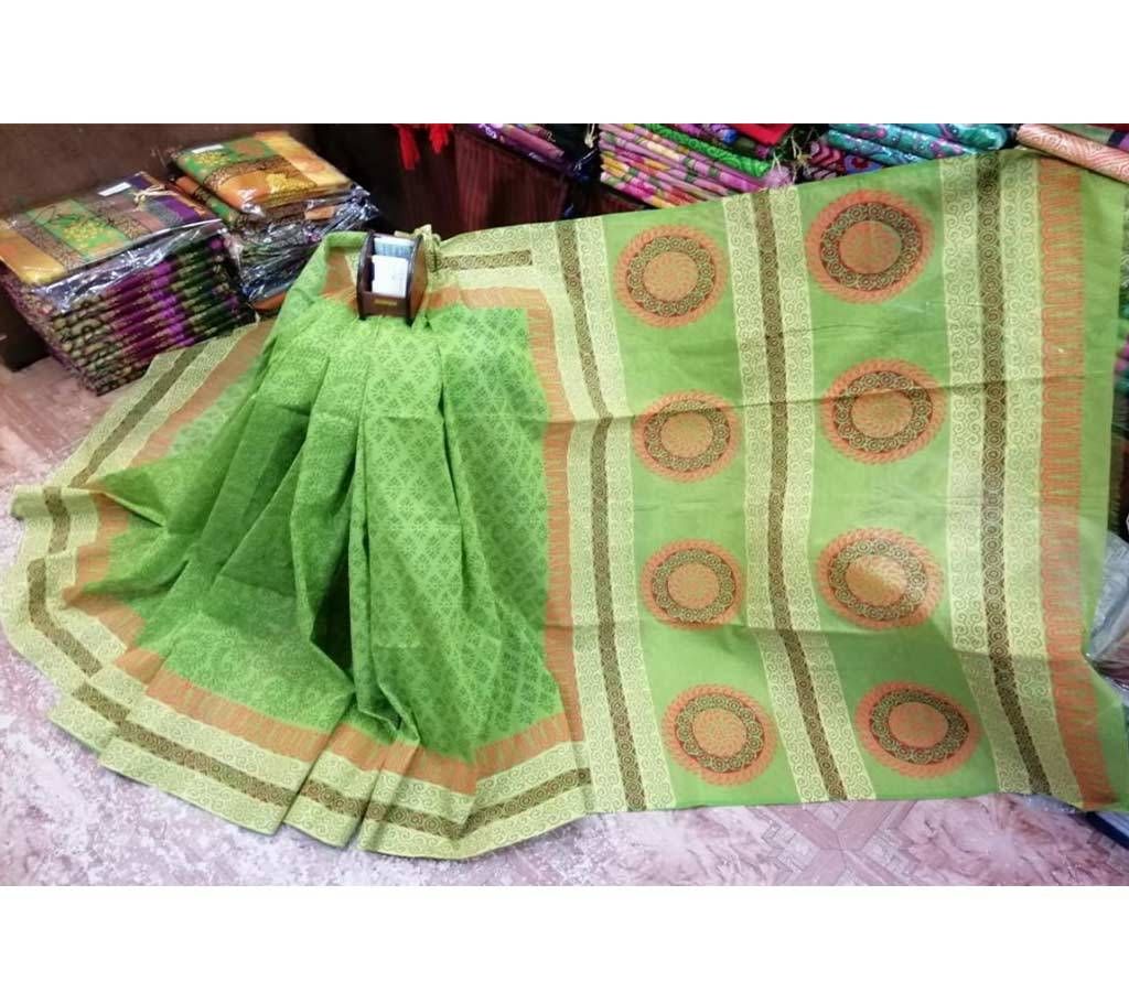 Half Silk with Block Print Saree - Lemon Green