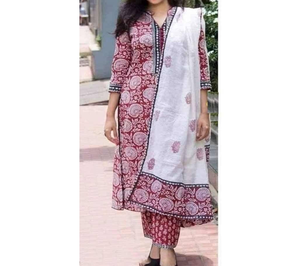 White And Marron Block Printed Salwar Kameez for Women-free size
