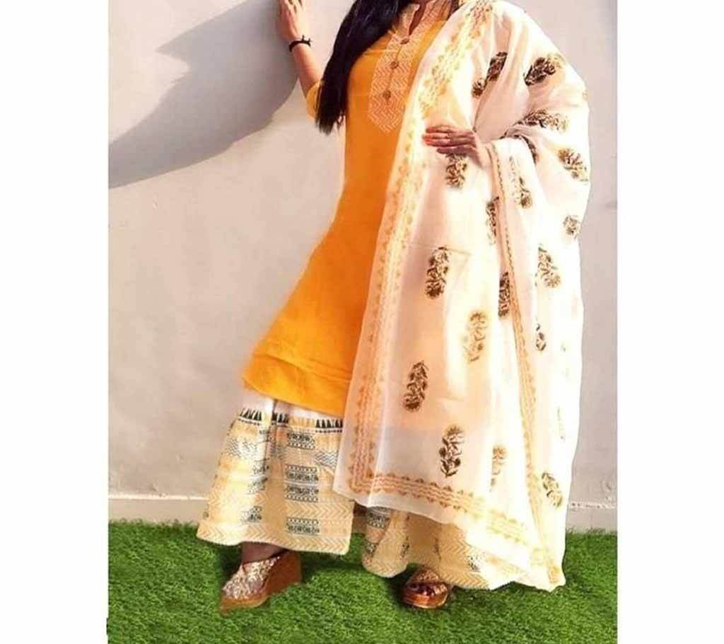   Orange and White Block Printed 3 pieces Salwar Kameez for Women