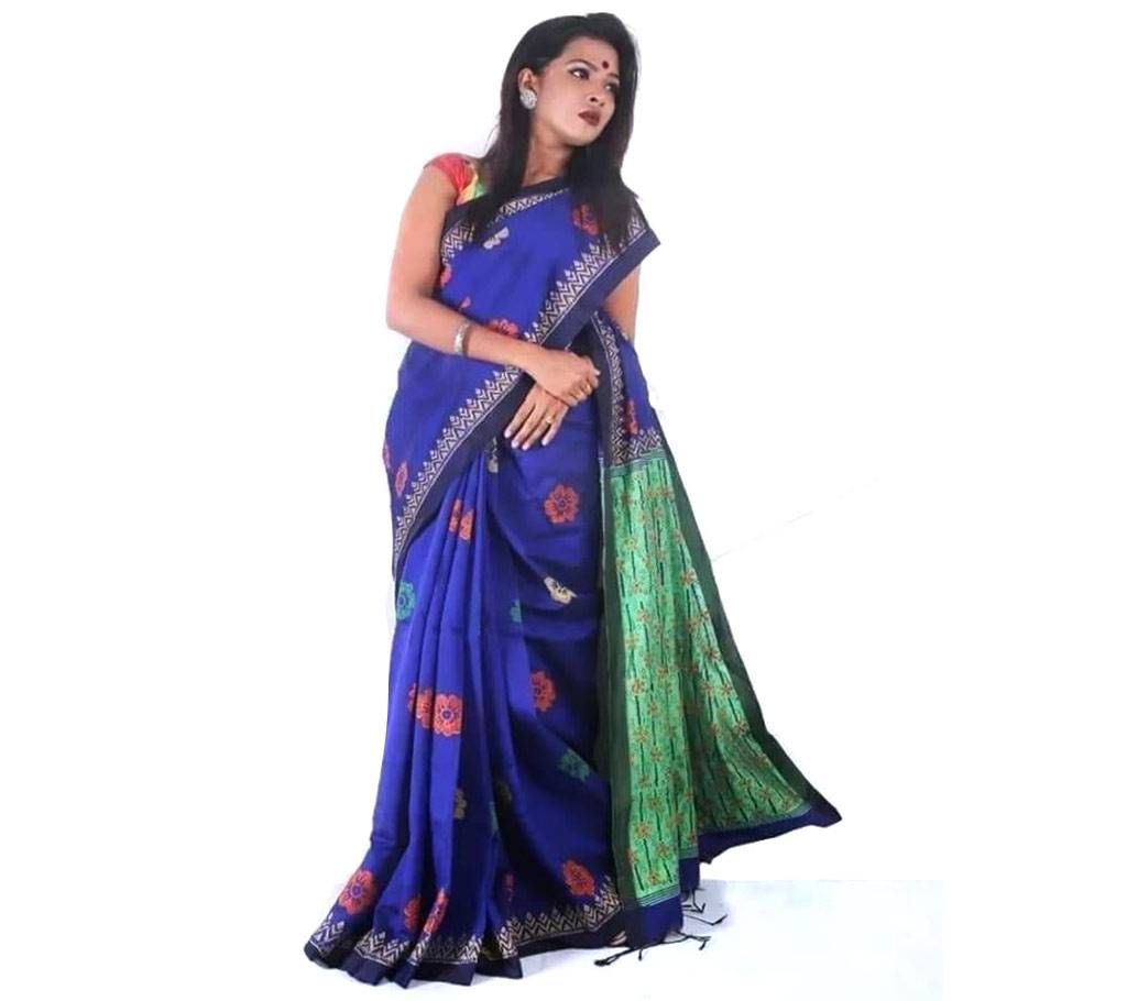 Half silk blue block printed sharee
