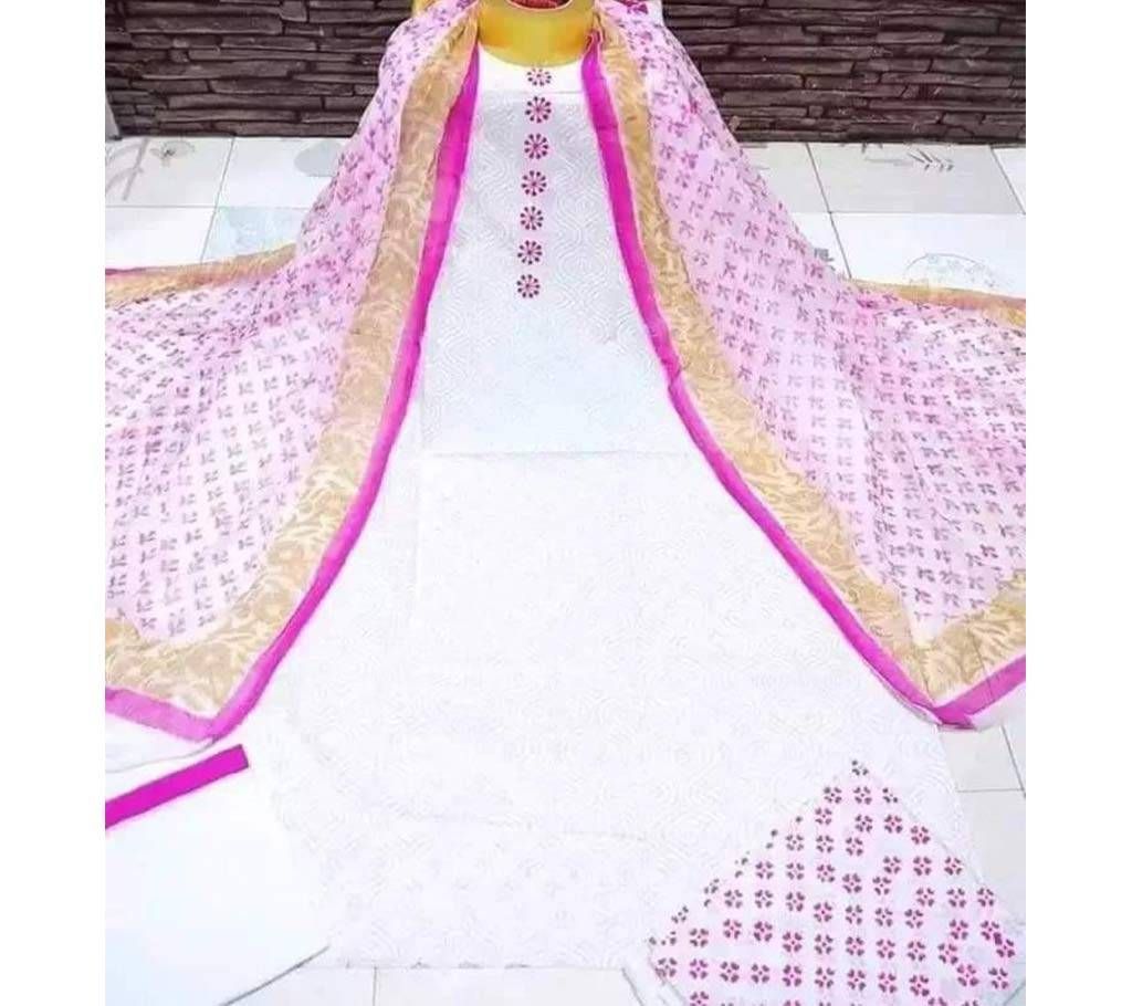 Unstitched Cotton Three Piece - White 