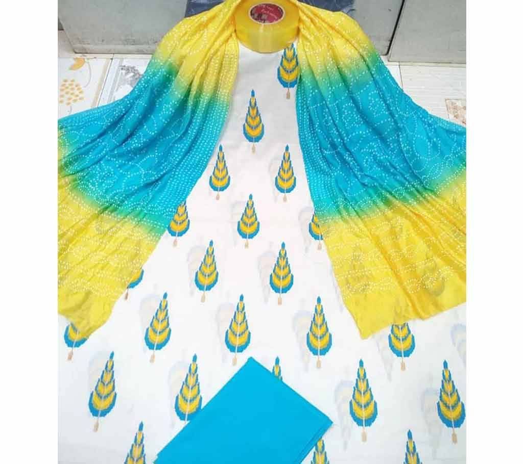 Unstitched Joypuri Cotton 3piece Yellow & Sky Blue