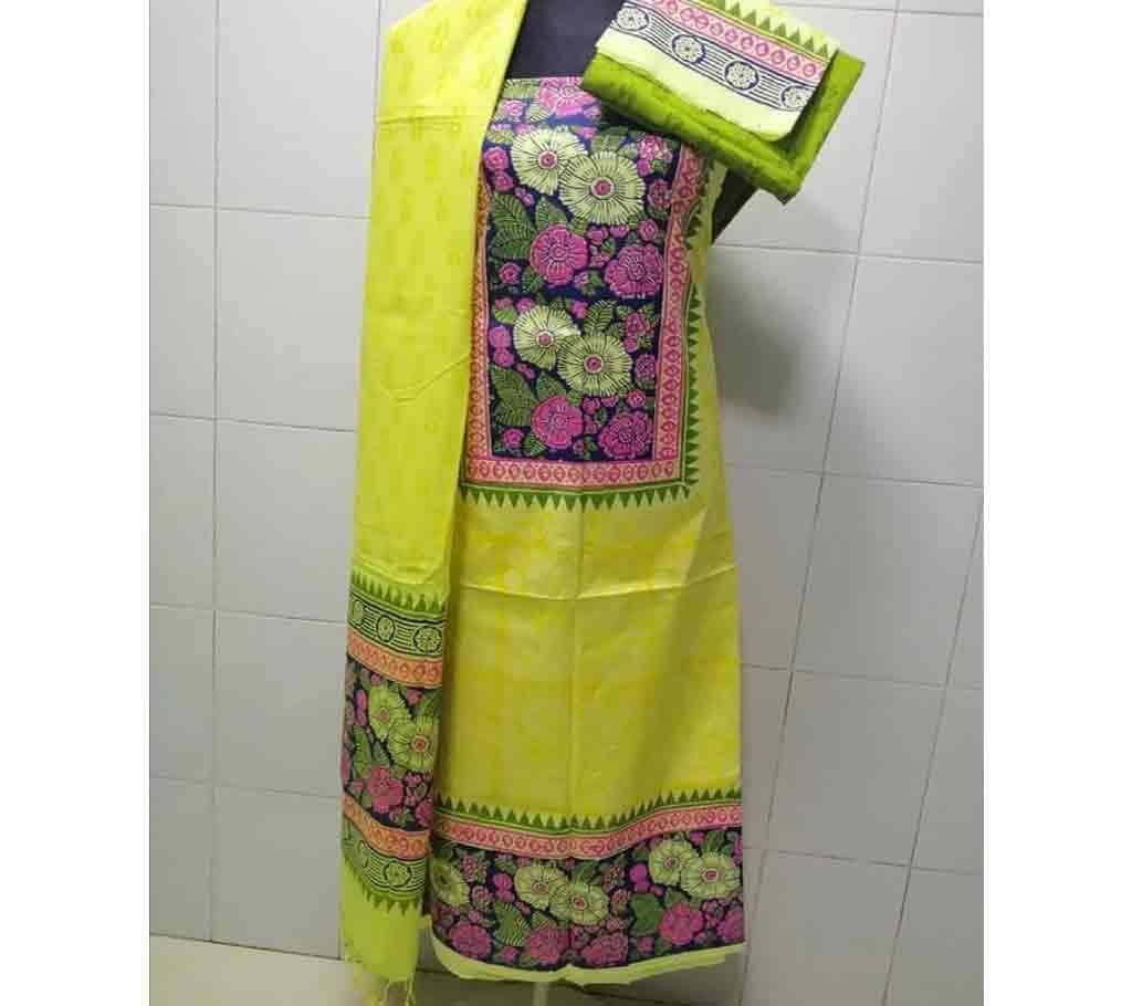 Unstitched Print Cotton Three Piece- Yellow 0