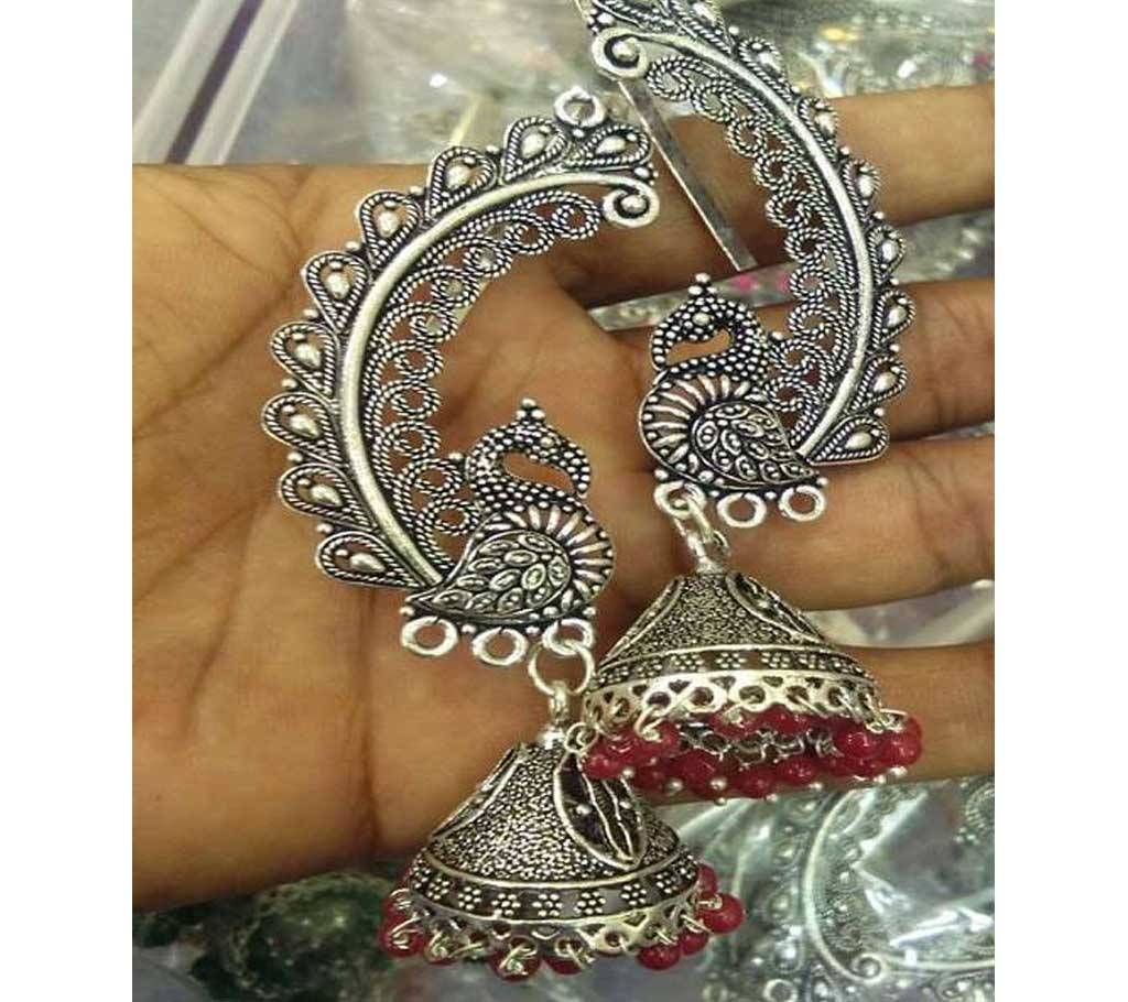 ANtique Silver Plated Peacock Vintage Earrings Jhumka