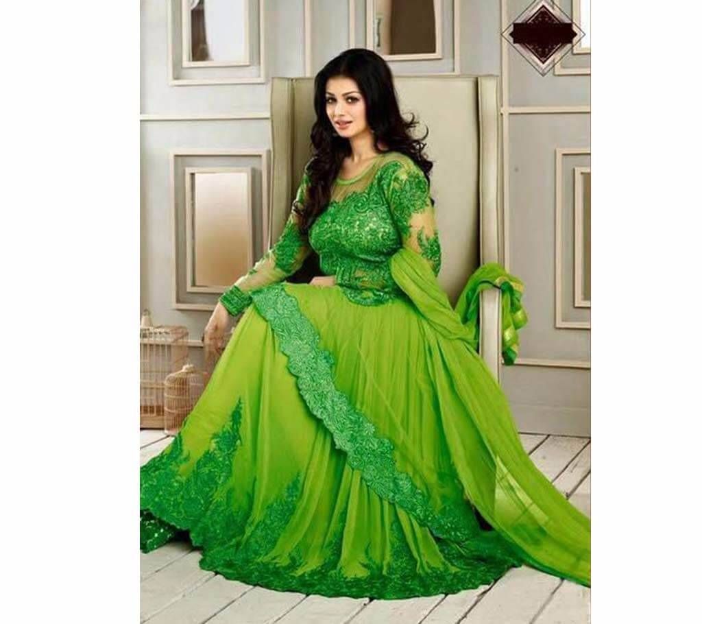 Semi-stitched Embroidered Georgette Long Replica Party Suit