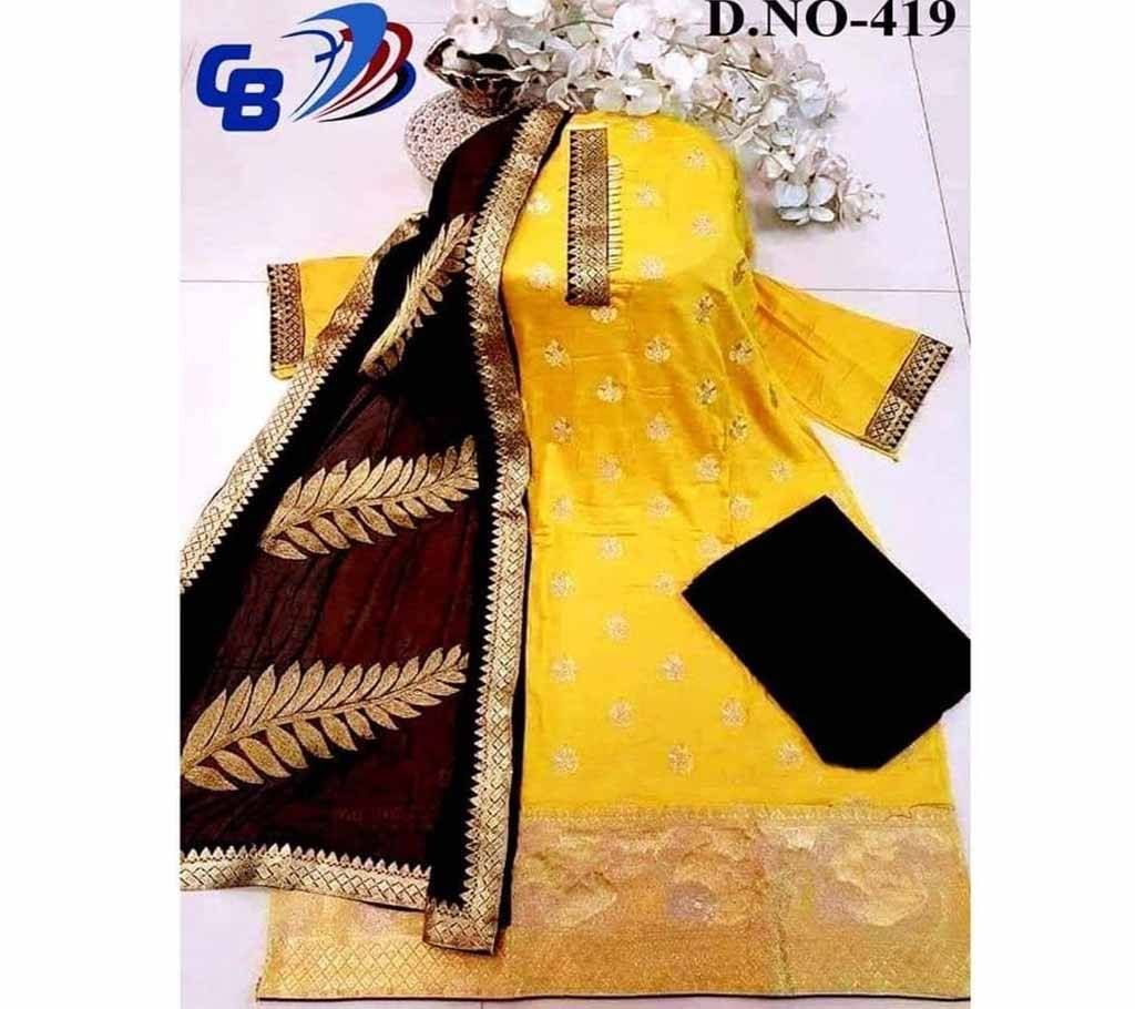 Unstitched cotton with Skin printed three piece 