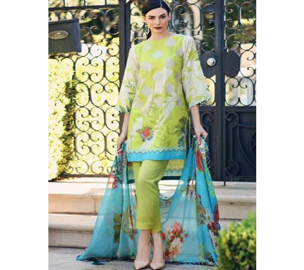 Unstitched Shraddha Zeenat Vol 1 Cotton Satin Lime Green with Flower Design Mix 3pc
