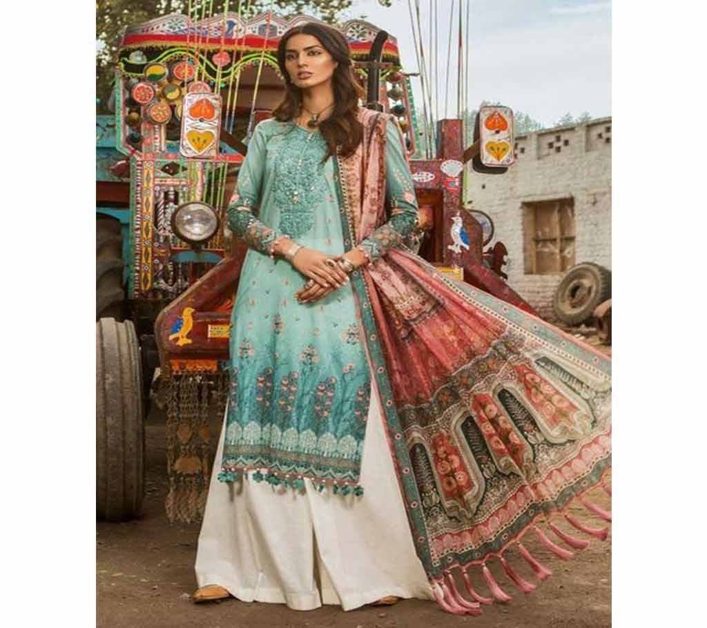 Pure Cambric Unstitched Cotton Print with Embroidery Three Piece