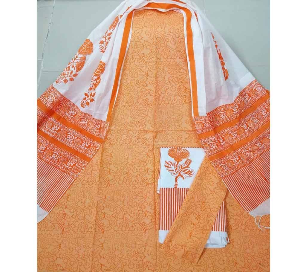 Unstitched Deshi Cotton 3Pcs with Cotton Orna - 09 - Orange with Leaf Design