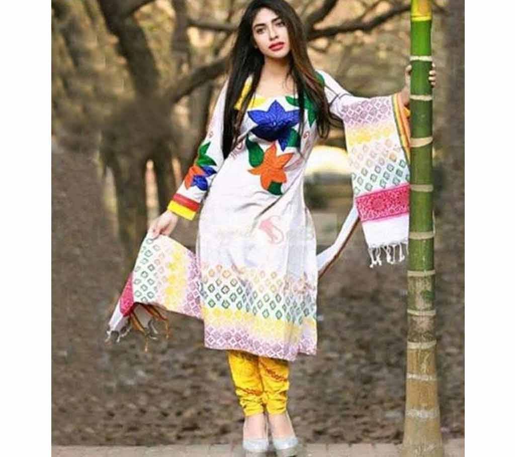 Unstitched White Embroidery Cotton Salwar Kameez For Wome