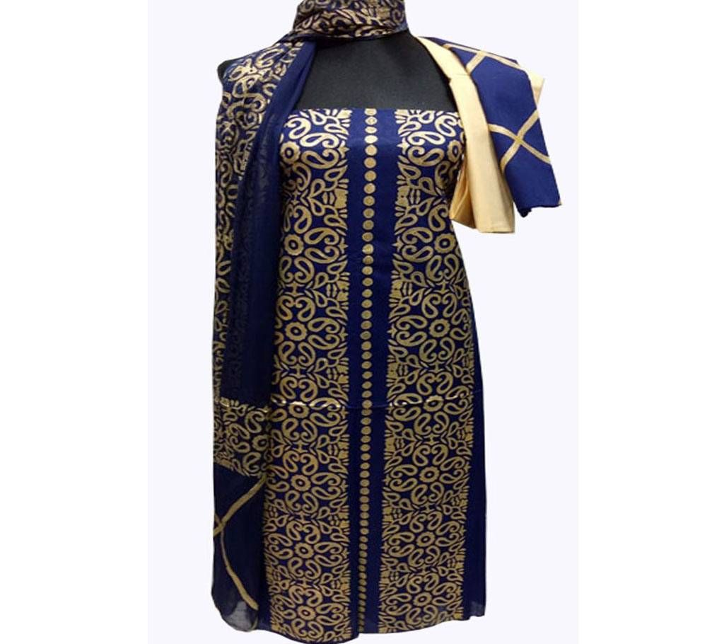 Unstitched Blue Color Cotton Block Printed Salwar Kameez for Women
