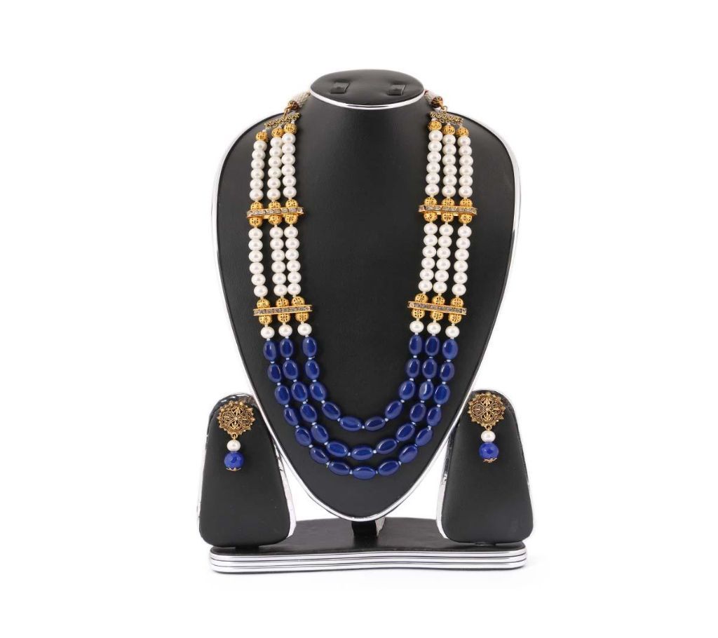 White & Navy Blue Real Pearls Setting Kashmiri Jewellery Set