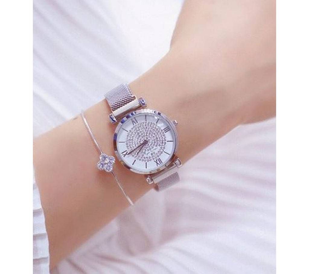 Luxury Magnetic Silver Rhinestone Mesh Watch For Women