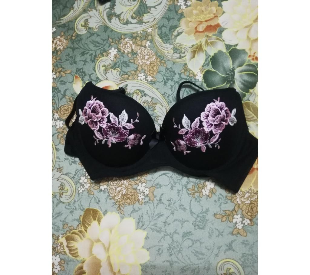 Black Padded Bra with Embroidery