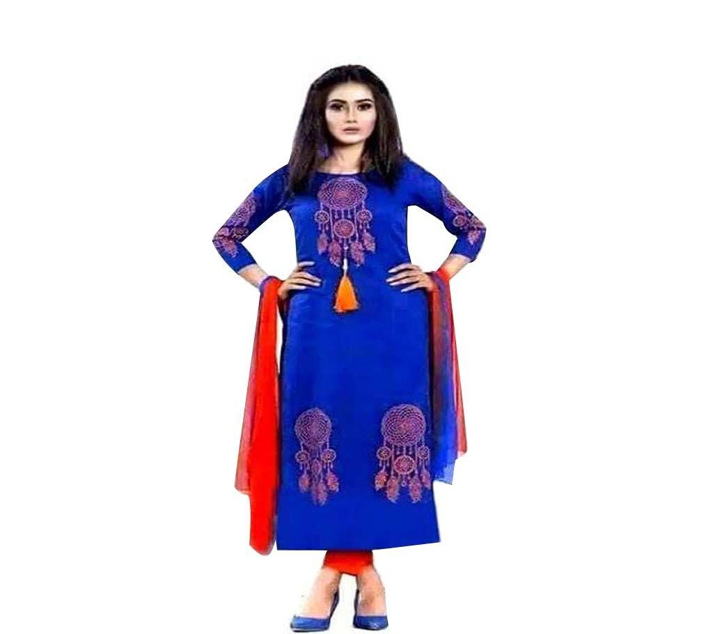 Un-stitched blue block printed cotton salwar kameez