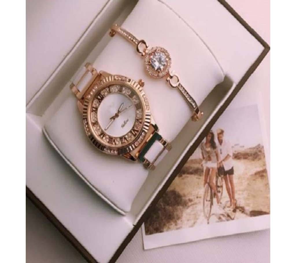 Rolex White with Golden Ladies Watch with Bracelet