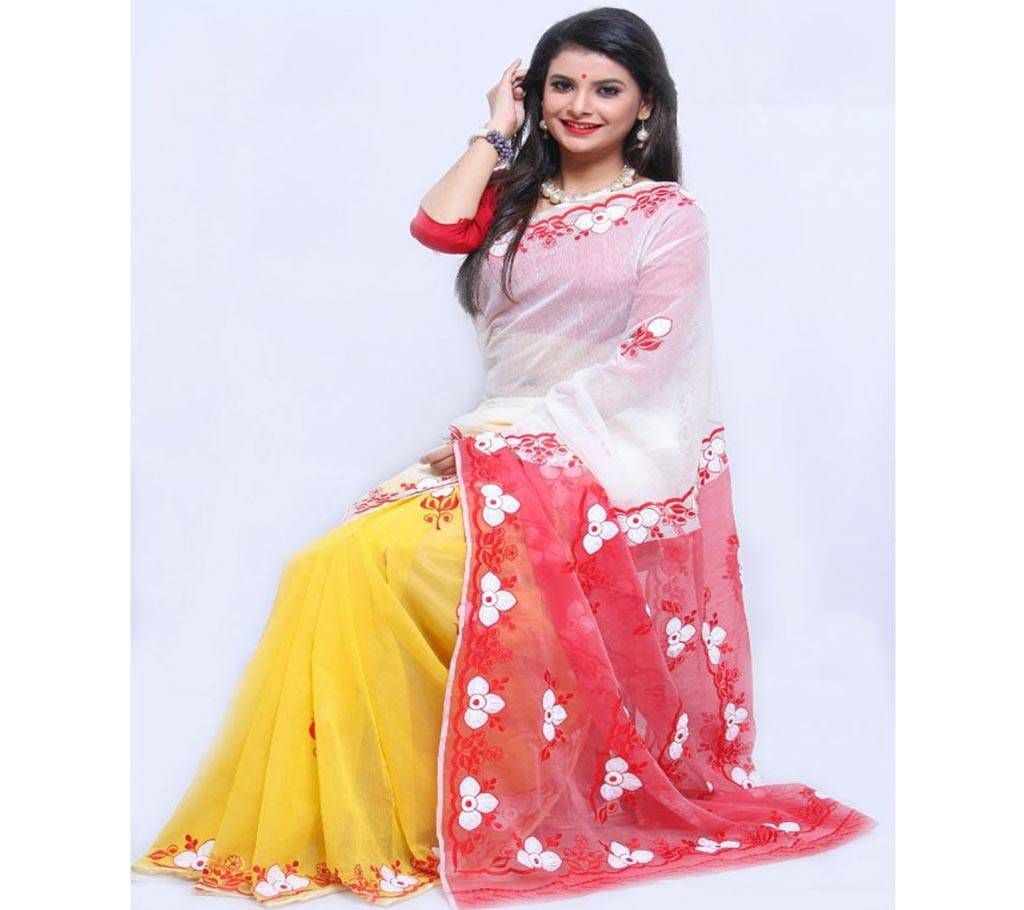3 shade pure muslin with hand applique sharee