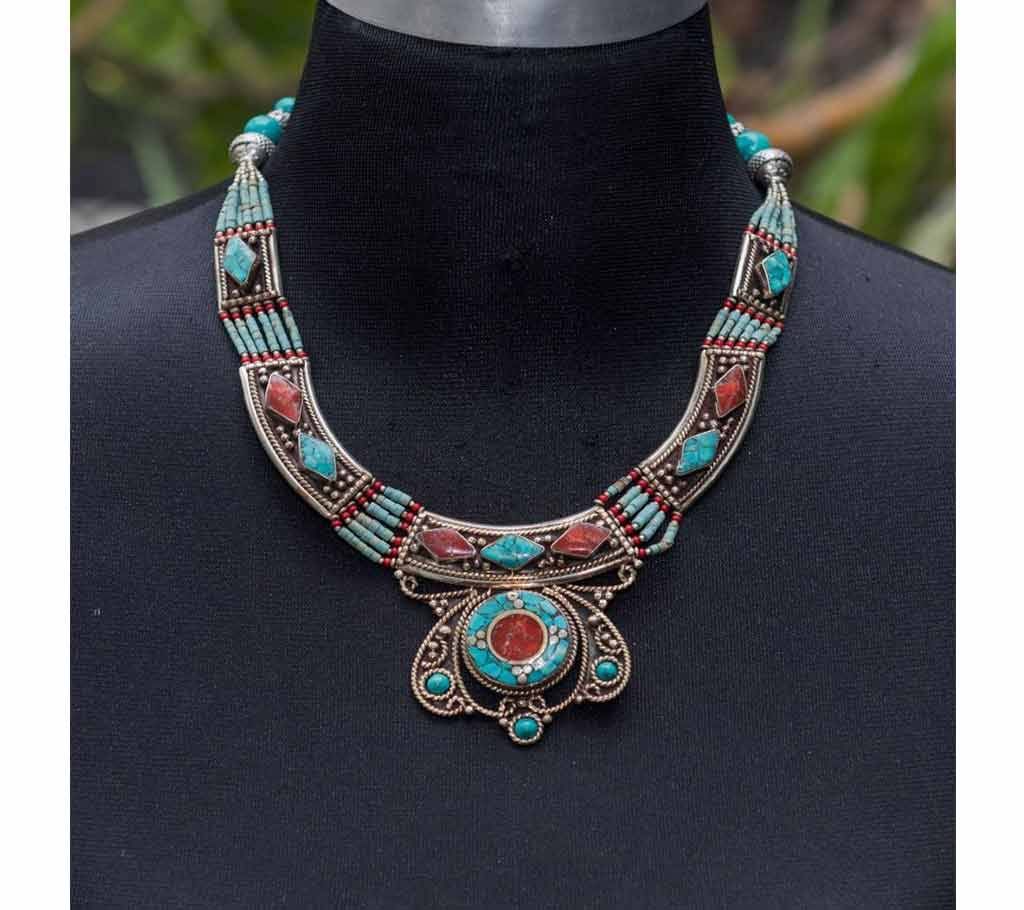  Silver Aqua Red Design Shape Chain Necklace