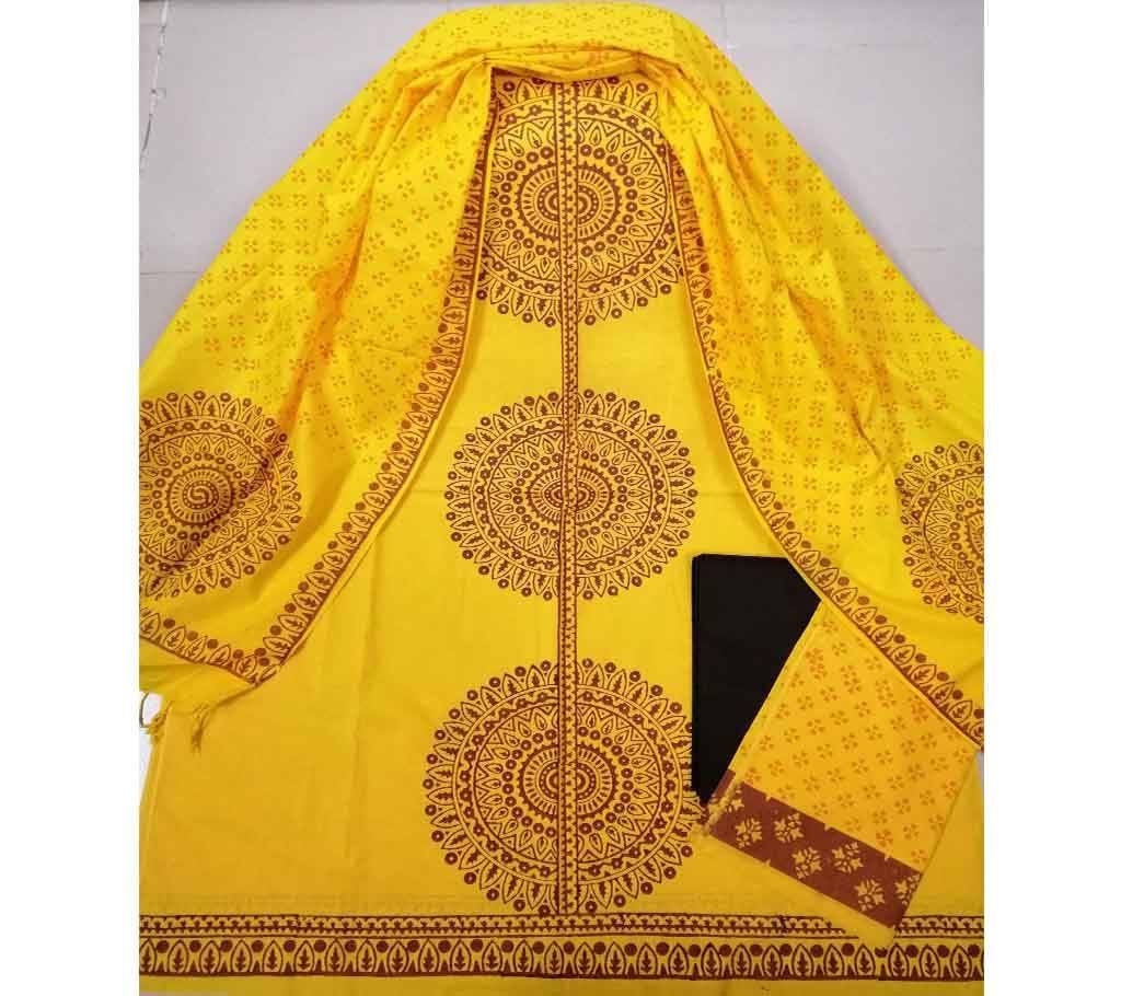 Unstitched Deshi Cotton 3Pcs with Cotton Orna - 01 - Golden Yellow with Red Maroon Big Designs