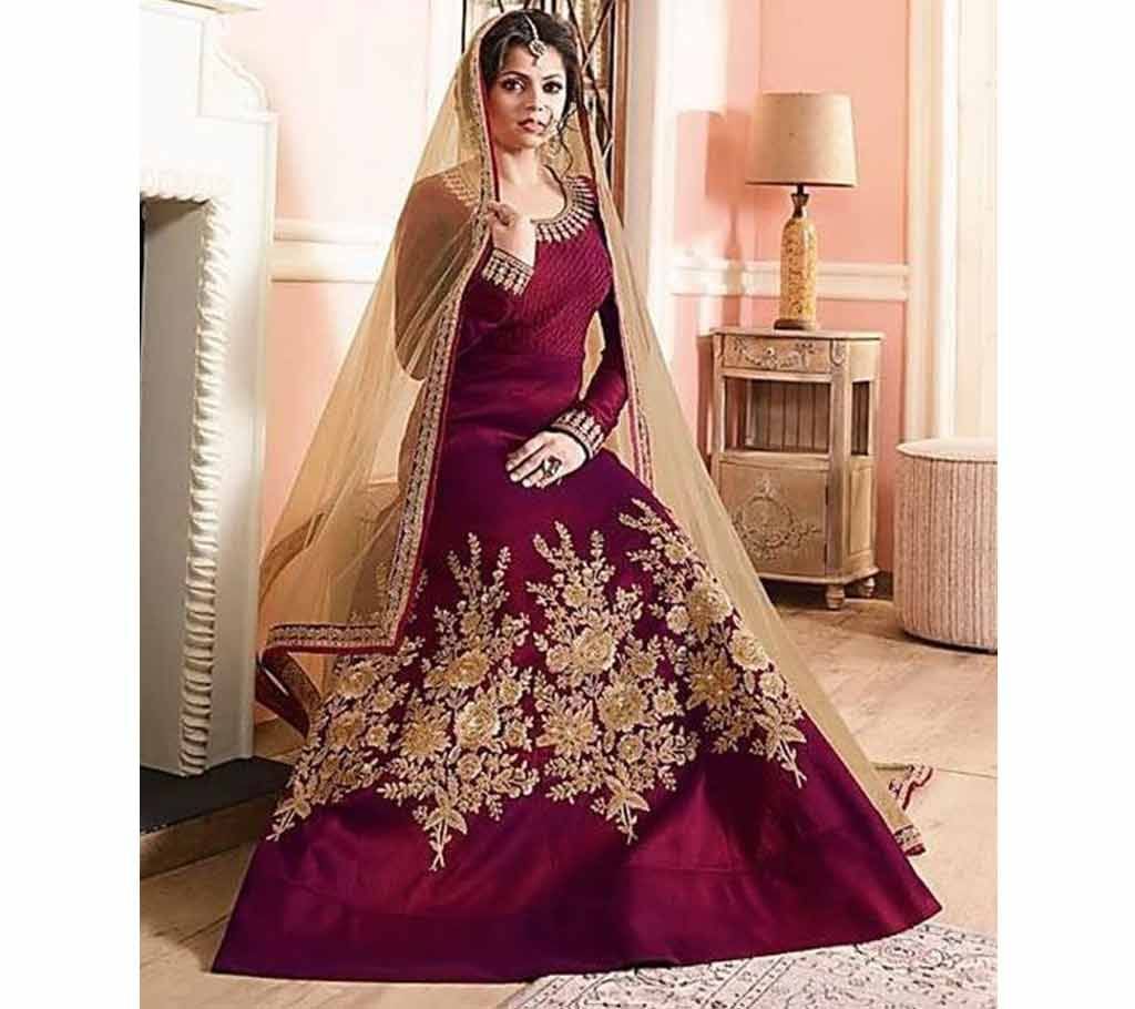Unstiched Dark Magenta and Tan Georgette Gown For Women