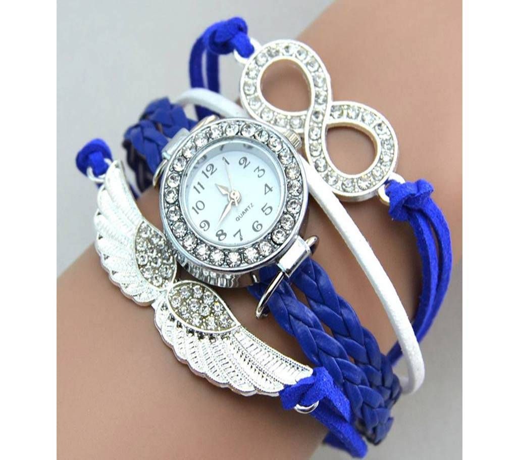 Girls Crystal Leather Angel Wings Bangle Bracelet Wrist Watch-Blue