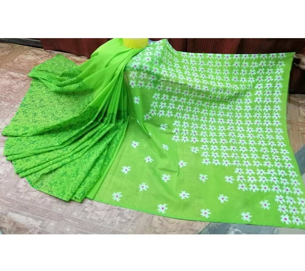 Half Silk with Block Print Saree Light Green